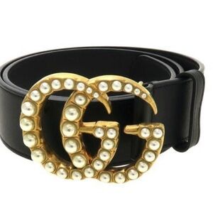 Gucci Black Leather Belt with Gold Double G Pearl-Embellished Buckle